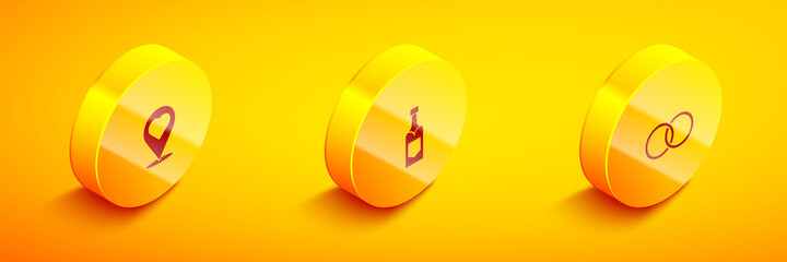Set Isometric Location with heart, Champagne bottle and Wedding rings icon. Vector