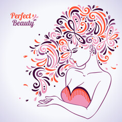 Beautiful woman portrait with abstract hair pattern. Vector illustration. Woman silhouette. Girl face logo design. Silhouette for cosmetics, beauty and spa, fashion themes. Female icon with curls