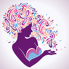 Beautiful woman portrait with abstract hair pattern. Vector illustration. Woman silhouette. Girl face logo design. Silhouette for cosmetics, beauty and spa, fashion themes. Female icon with curls