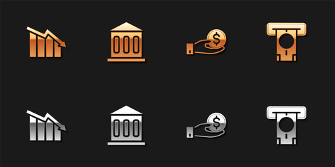 Set Financial growth decrease, Bank building, Hand giving money and ATM icon. Vector