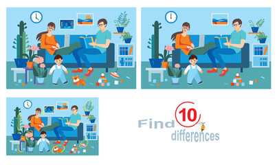 Happy family.Find 10 differences, vector image.