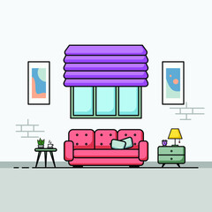 Living room flat design, Concept of living room interior with furniture. Cozy interior with sofa,TV, window, chair, pillows, armchair. Home cartoon illustration of apartment or house with furniture.