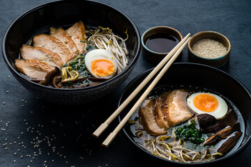 Asian ramen noodles with chicken and teriyaki sauce