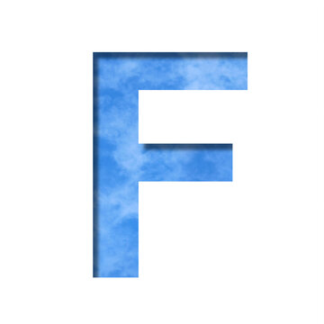 Font on blue sky. Letter F cut out of paper on a background of a bright blue sky with light clouds. Set of decorative natural fonts