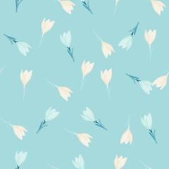 Random cute floral seamless pattern with crocus little flowers silhouettes on pastel blue background.