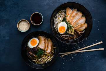 Asian ramen noodles with chicken and teriyaki sauce