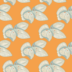Fototapeta na wymiar Vintage seamless pattern with outline doodle grey orchid flowers elements. Orange background.