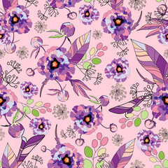 Elegant floral pattern. Seamless vector printing with purple rose flowers. Botanical composition on pink background. Template for textile design, cards, wallpaper, gift wrapping.
