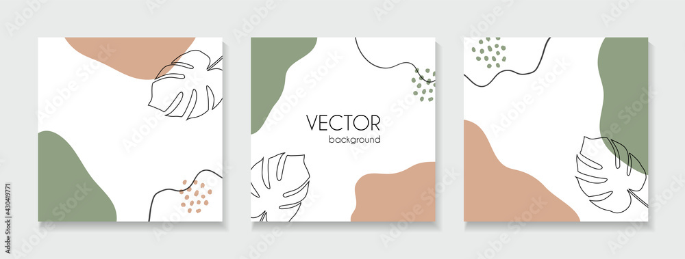 Wall mural set of abstract floral backgrounds for social media posts. vector trendy square templates with tropi