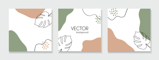 Set of abstract floral backgrounds for social media posts. Vector trendy square templates with tropical leaves and copy space for text © Artulina