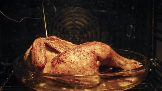 Cooking whole chicken in oven with temperature probe. Closeup