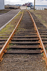 Fototapeta premium Railway with Holland America cruise ship MS Zaandam in background