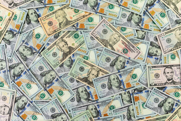 Texture with US dollars. Frame background of 5, 10, 20, 50 and 100 dollar