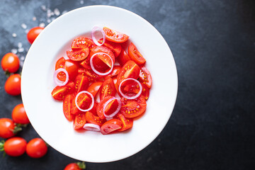 tomato salad fresh vegetables healthy diet trend meal snack copy space food background rustic. top view keto or paleo diet vegan or vegetarian food