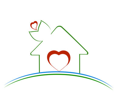 Vector illustration of a green house with leaves and heart symbol inside. can be used as real estate logo concept