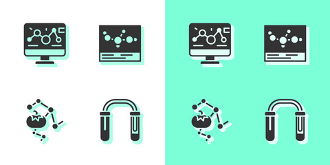 Set Test tube and flask, Genetic engineering modification, Genetically modified food and Chemical formula icon. Vector