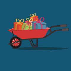 vector illustration of harvest gift box transported wheelbarrow flat design