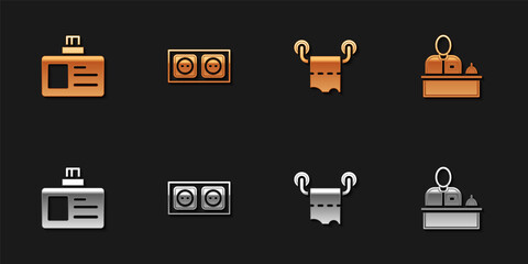 Set Identification badge, Electrical outlet, Toilet paper roll and Hotel reception desk icon. Vector