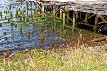 Remains of old piers in the Columbia River in Astoria - Oregon