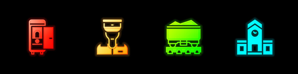 Set Toilet in the train car, Train conductor, Coal wagon and Railway station icon. Vector