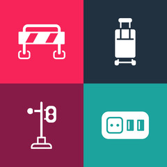 Set pop art Electrical outlet, Train traffic light, Suitcase and Road barrier icon. Vector