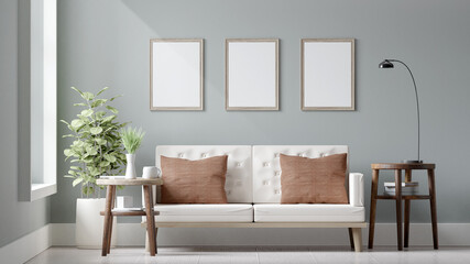 Blank poster mockup with Three  frames on an empty white wall in living room interior, Living room, 3D Rendering