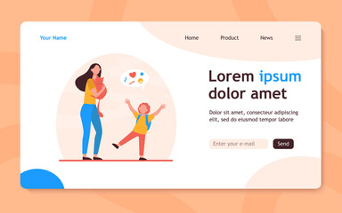 Mom giving red cat to joyful son. Red haired boy, speech bubble, pet adoption flat vector illustration. Animal care, childhood, family concept for banner, website design or landing web page