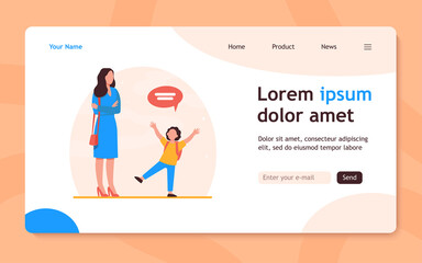 Mom with folded hands listening kid. Child, speech bubble, conversation flat vector illustration. Communication and parenthood concept for banner, website design or landing web page