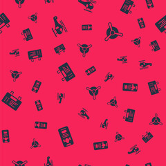 Set Mobile with ticket, Helicopter, Airport board and Plane propeller on seamless pattern. Vector