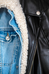 Jeans and leather jackets. Blue and black