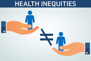 Health inequities illustration vector flat banner. Two man standing on palm of the hand. Discrimination, injustice and equity concept.