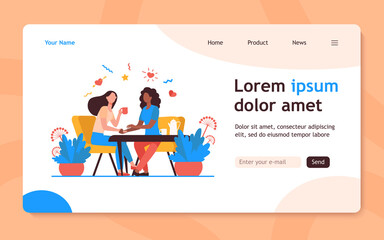 Female friends talking over cup of tea. Holding hand, giving comfort, coffee shop flat vector illustration. Communication, friendship concept for banner, website design or landing web page