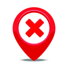 Red Map Geo Tag Pin With Prohibition Sign isolated on a white background. 3d rendering