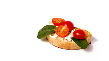 Bruschetta on ciabatta on a white background. Italian appetizer isolated