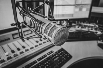 Professional microphone in radio station studio