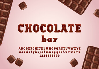 Original 3d font, alphabet in the chocolate style, slab serif rounded uppercase and lowercase letters from A to Z and numbers from 0 to 9, vector illustration 10EPS