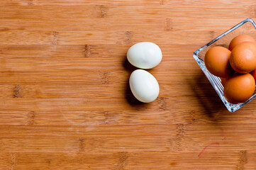 Eggs.. Cooking ingredients from a farmers markets, Fresh Fruits and vegetables. Classic ingredients and garnishes used in restaurant cooking.