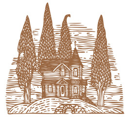 Brown contour drawing of a log country two-story house and slender trees on a hill. Decorative illustration with a beautiful old building and cypresses in retro style. Hand-drawn vector landscape