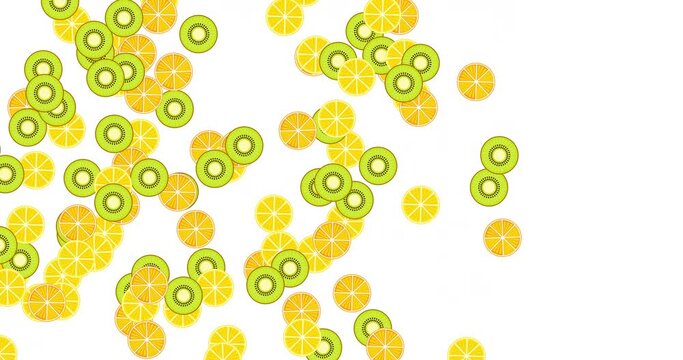Citrus slices rotate and fly, isolated on a white background. Cut the lemon, orange and kiwi in half. Horizontal composition, 4k video quality