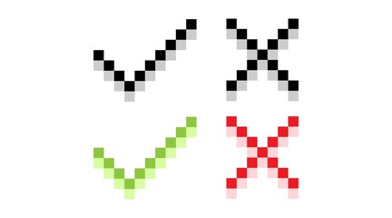 set of flat vector mark buttons green check marks and red crosses signs. Pixel Icons.