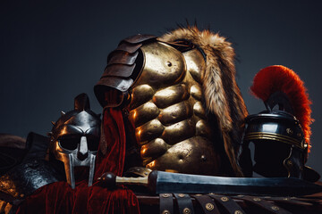 Antique bronze armor and helmets with gladius