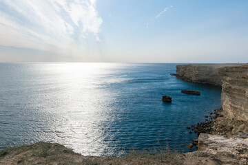 Steep banks, rocky cliffs and islands near the village of Bolshoy Atlesh on the Crimean cape Tarkhankut.