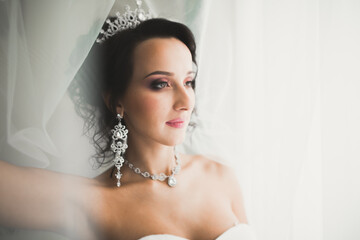 Luxury bride in white dress posing while preparing for the wedding ceremony