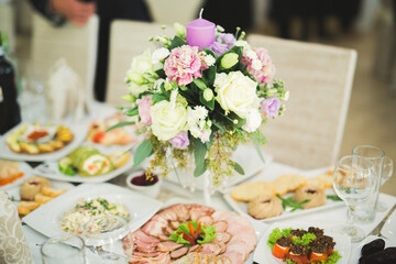 Interior of a restaurant prepared for wedding ceremony