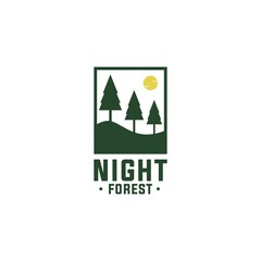 Night Forest. Simple logo template concept of 3 pine trees on a hill with a beautiful moon. Vector illustration