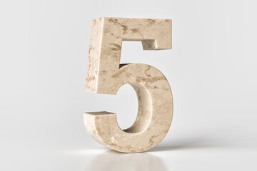 Elegant marbled 3D number 5. Set sail champagne 2021 trending color. High quality 3d rendering.