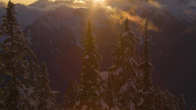Panoramic View of Canadian Nature Landscape on top of snow covered mountain and green trees during spring sunset. Taken at Elfin Lake in Squamish, North of Vancouver, British Columbia, Canada.