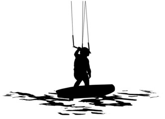 Kiteboarder silhouette in black on white background 