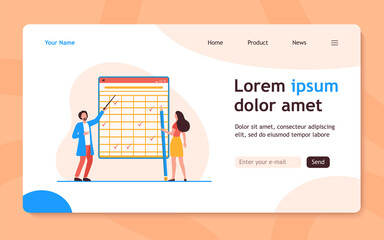 Tiny people looking at checkmarks in huge table. Pencil, woman, mark flat vector illustration. Report and digital technology concept for banner, website design or landing web page