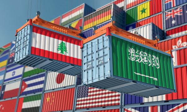Freight containers with Lebanon and Saudi Arabia national flags. 3D Rendering © Marius Faust